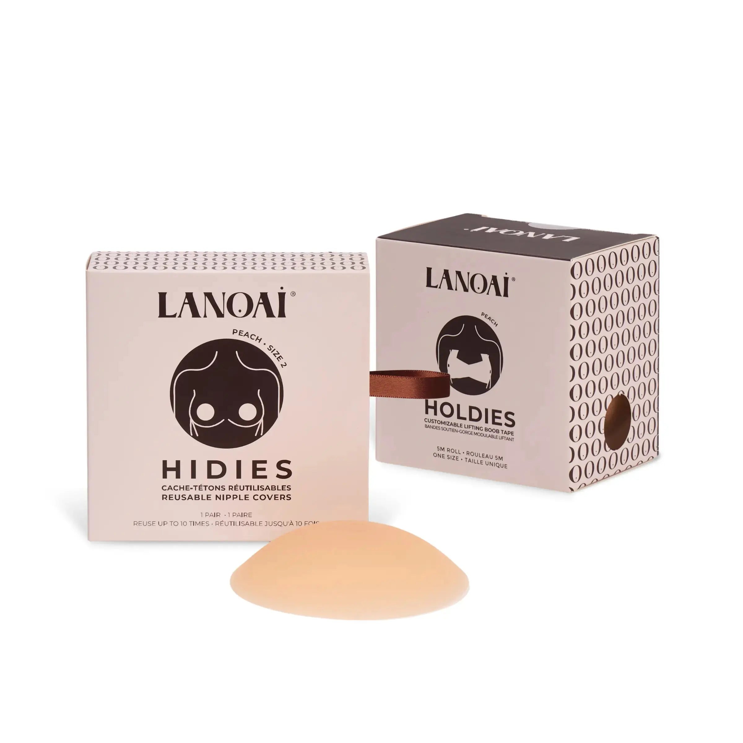 Lanoai Hidies and Holdies packaging with a single beige nipple cover on a white background