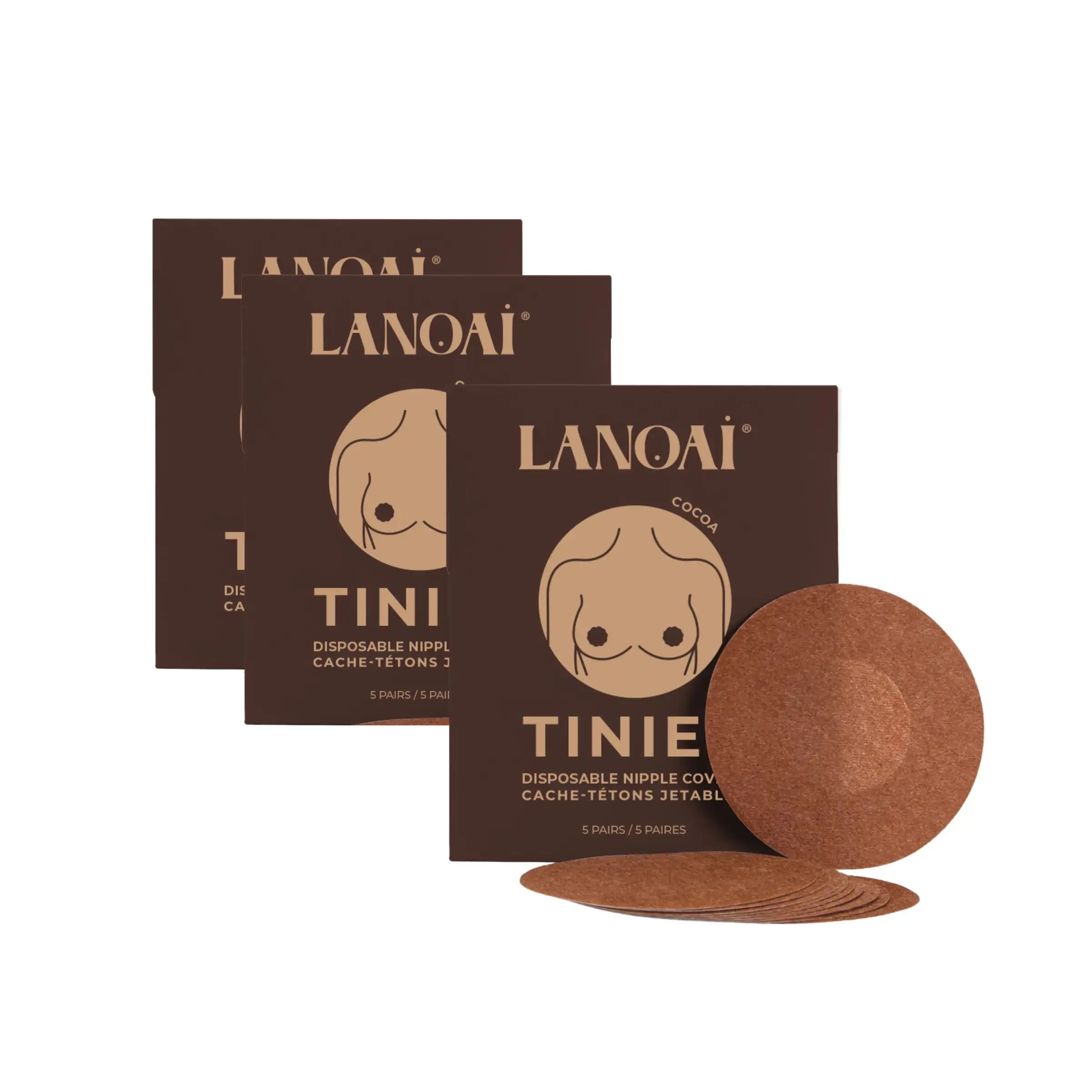 LANOAI Tinies disposable nipple covers in Cocoa color with packaging on a white background