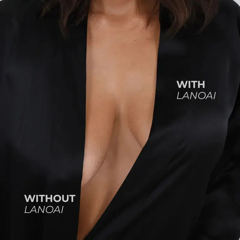 Black satin robe with 'Lanoai' branding, showing before and after effect on skin.