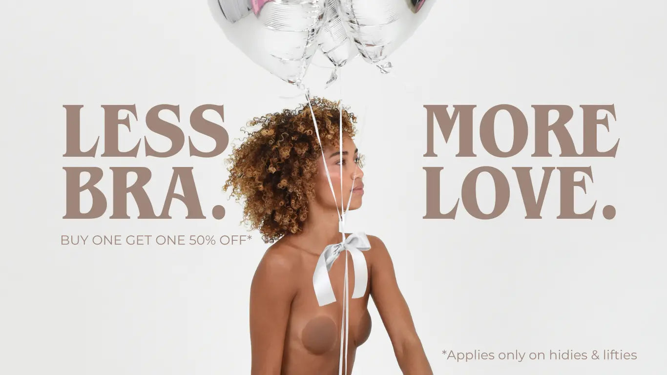 Woman holding a balloon with text 'LESS BRA. MORE LOVE.' on a light gray background