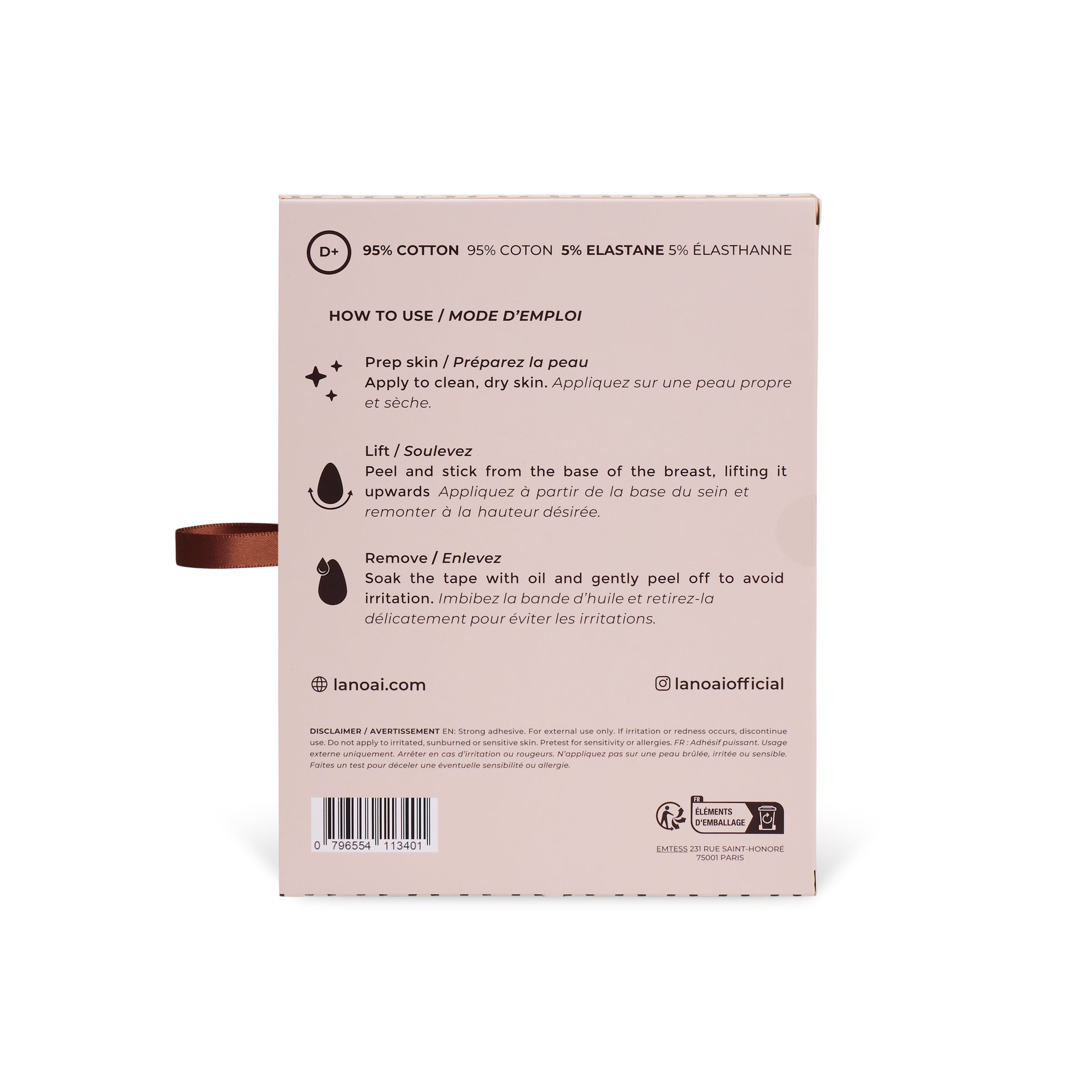 Back of LANOAI pre cut boob tape packaging